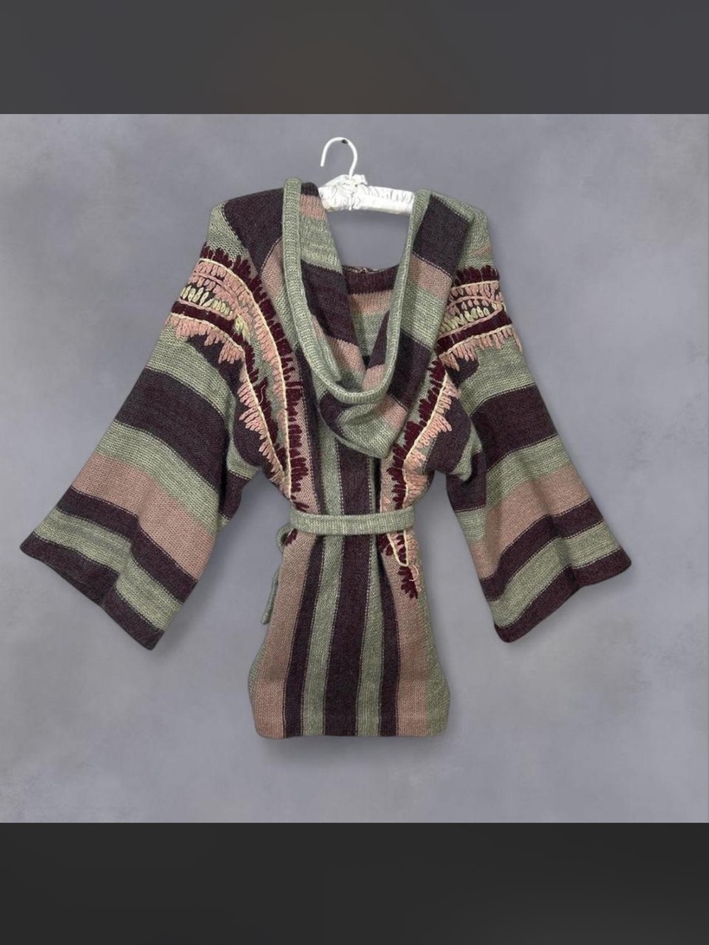 Vintage 70s boho twee tie waist striped embroidered hooded cardigan sweater M - Picture 3 of 9